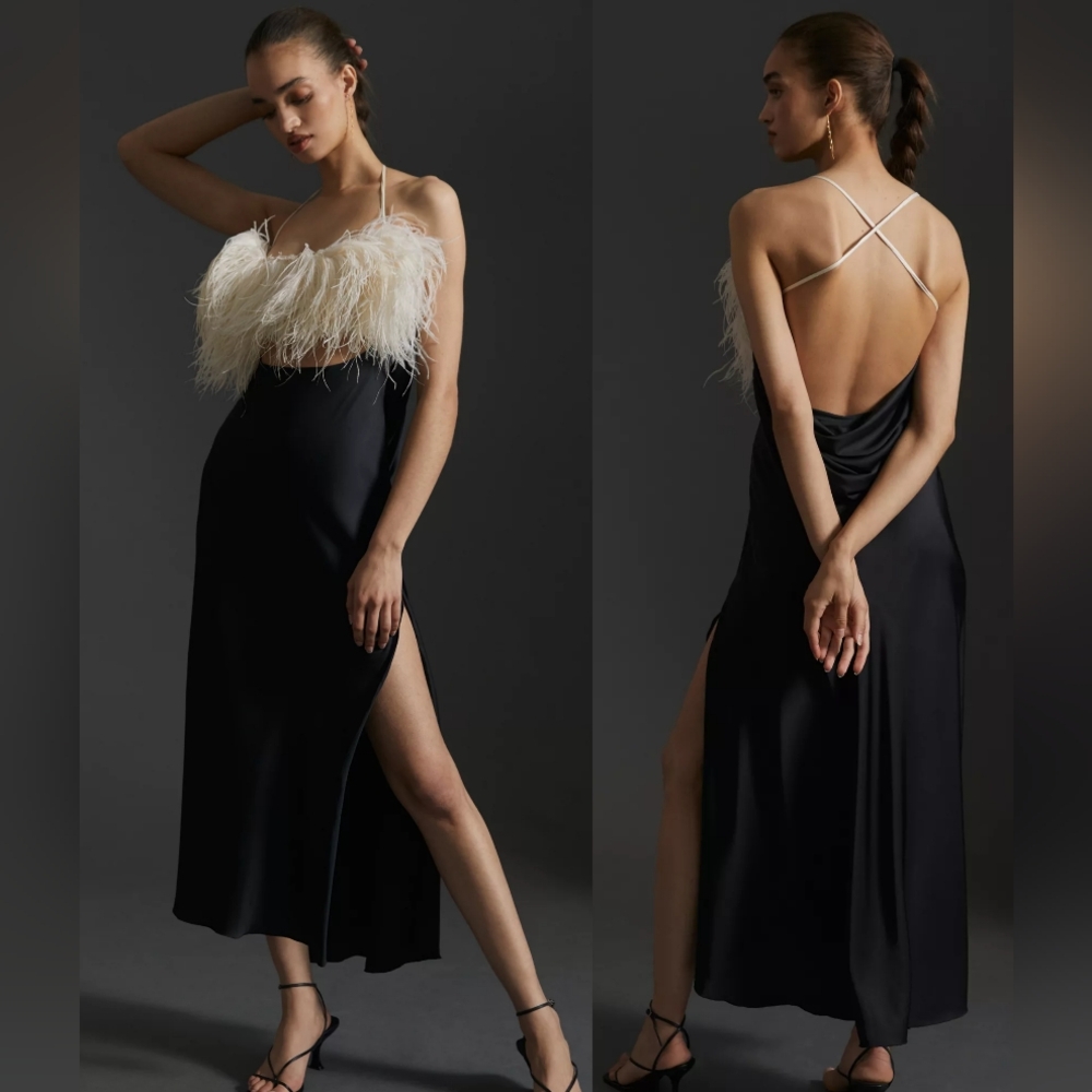 PatBO Feather Trim Maxi Slip Dress